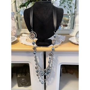 Long Blue-Gray Beaded Necklace with Ribbon Tie